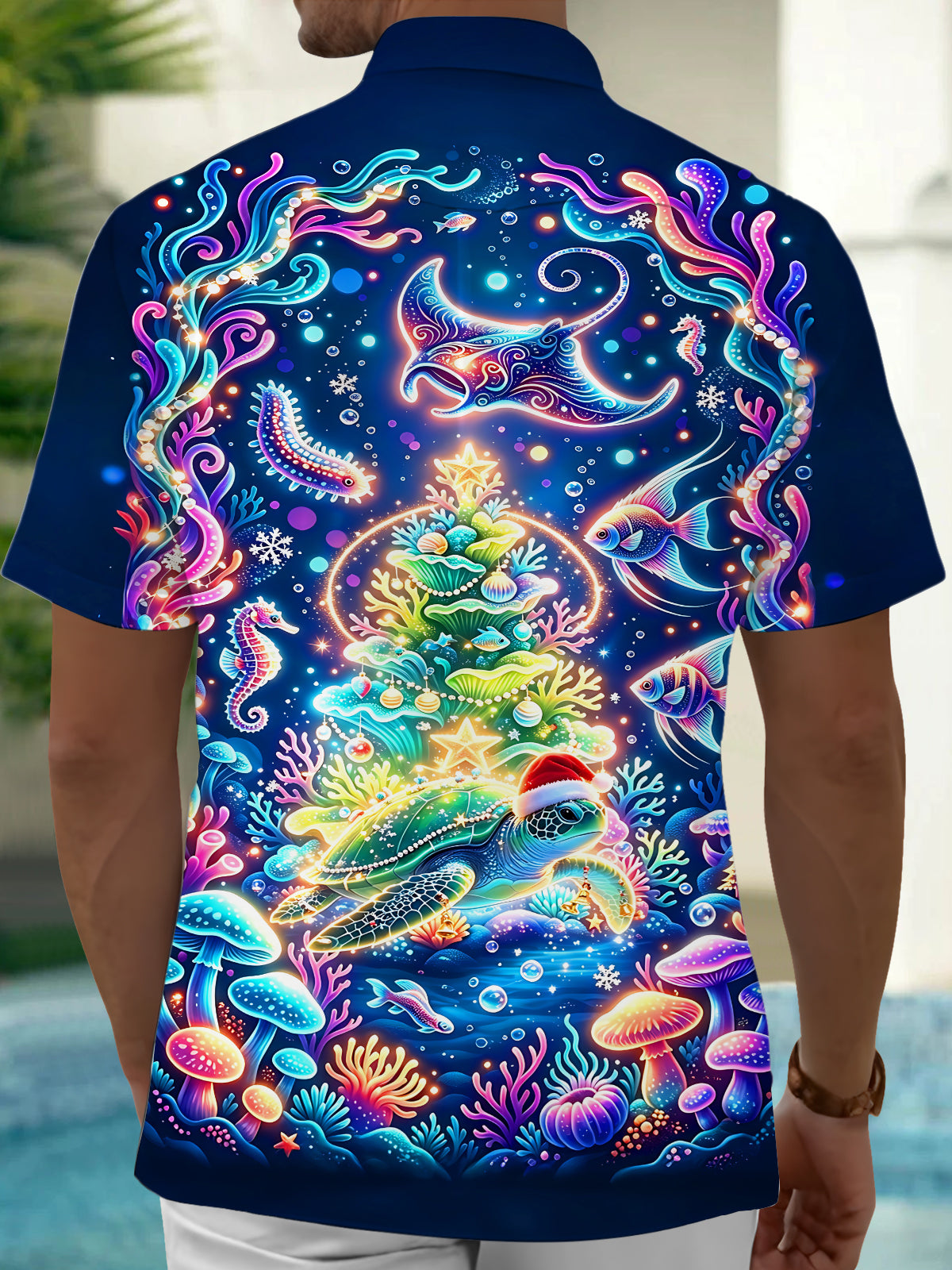 Oceanlyte Men's Hawaiian Undersea Christmas Print Short Sleeve Shirt with Chest Pocket