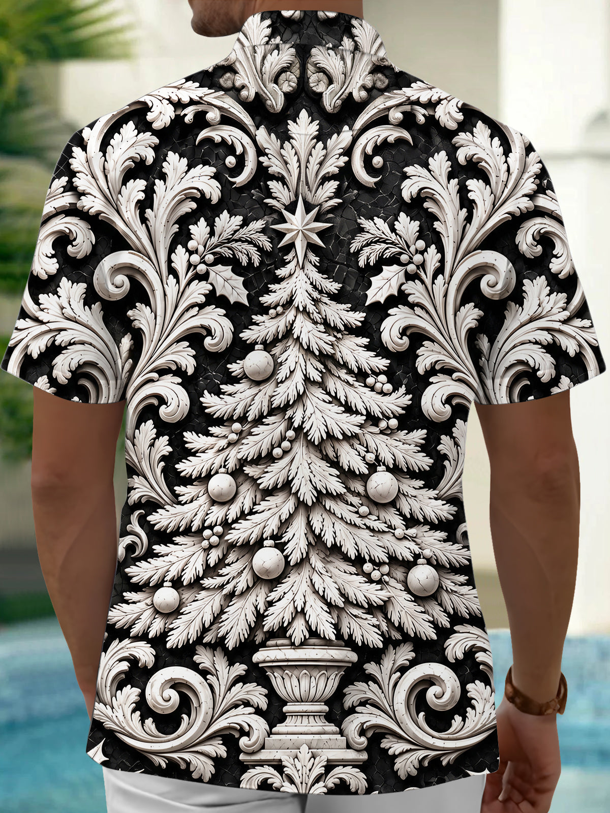 Oceanlyte Men's Christmas Tree With Ornaments And Star Print Short Sleeve Shirt with Chest Pocket