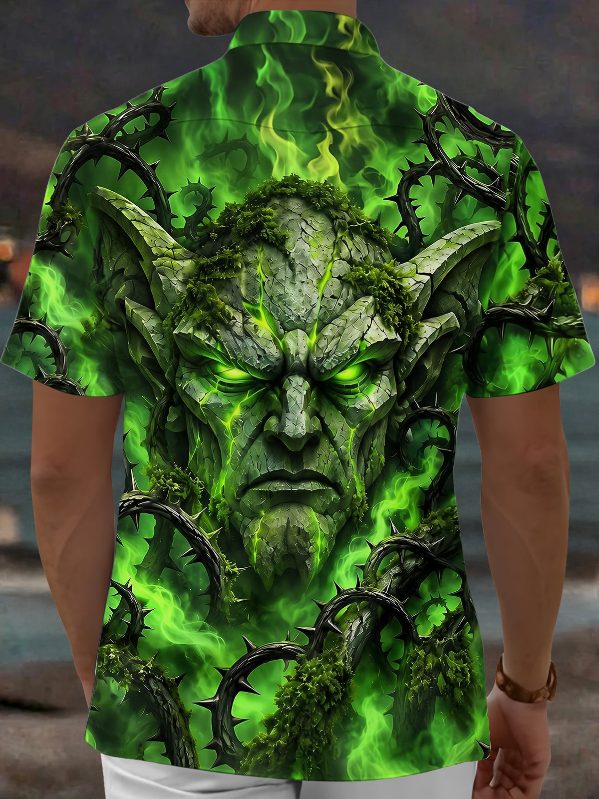 Oceanlyte Men's Green Demon Face With Thorny Vines Print Short Sleeve Shirt with Chest Pocket