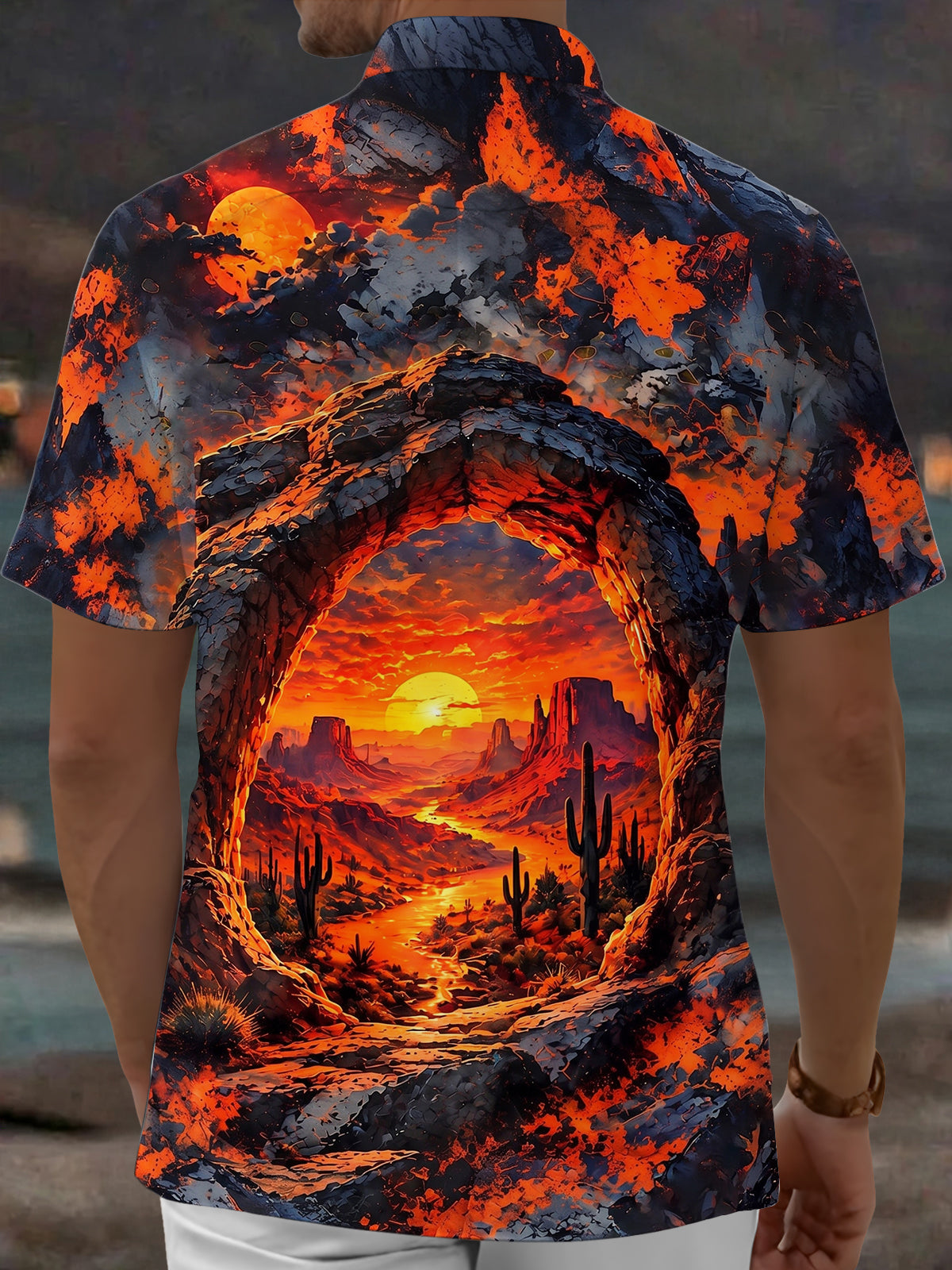 Oceanlyte Men's Desert Sunset Rock Archway With Cacti Print Short Sleeve Shirt with Chest Pocket