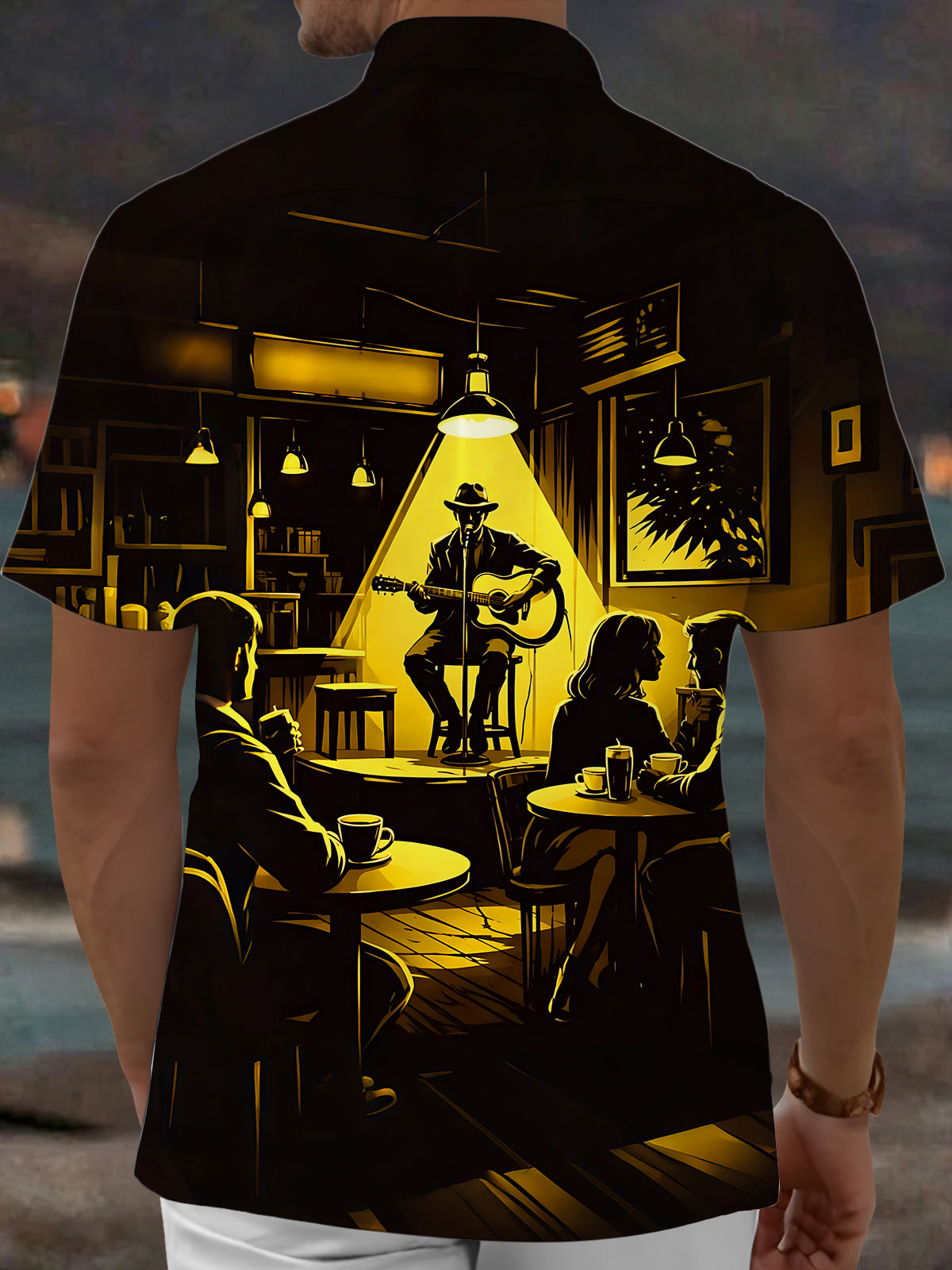Oceanlyte Men's Graphic Folk Singer Silhouette Print Short Sleeve Shirt with Chest Pocket