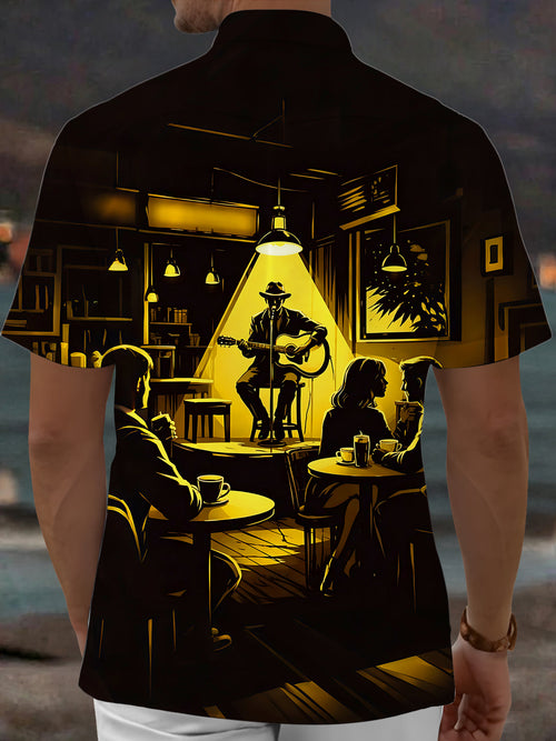 Oceanlyte Men's Graphic Folk Singer Silhouette Print Short Sleeve Shirt with Chest Pocket