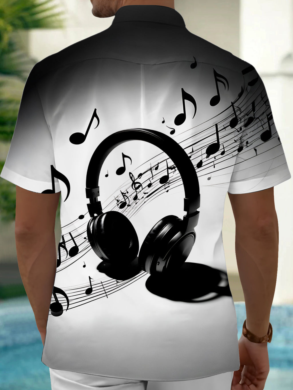 Oceanlyte Men's Printed Headphones Print Musical Notes Print Short Sleeve Shirt with Chest Pocket