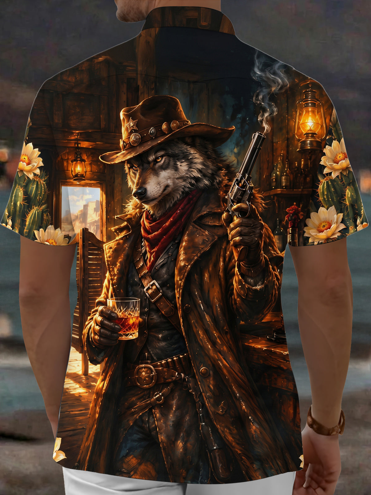 Oceanlyte Men's Short Sleeve Shirt - Western Wolf Cowboy With Revolver And Whiskey Print with Chest Pocket
