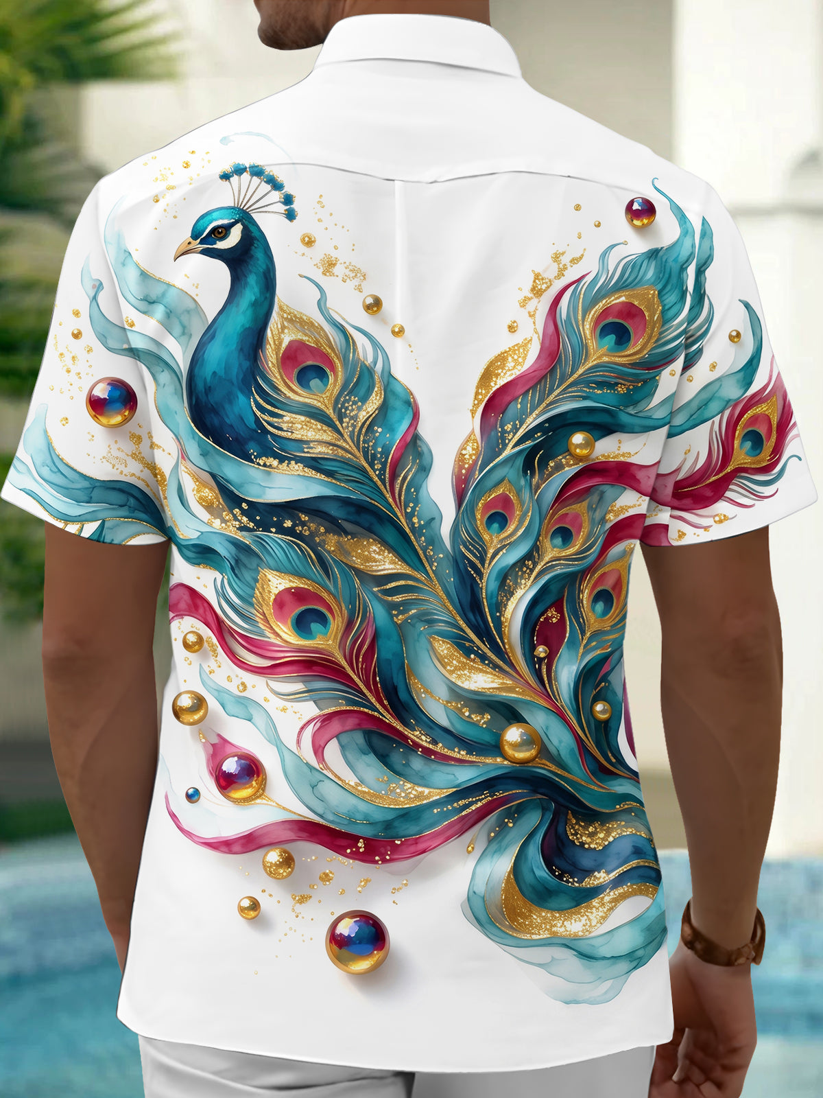 Oceanlyte Men's Hawaiian Peacock And Peacock Feathers Print Short Sleeve Shirt with Chest Pocket