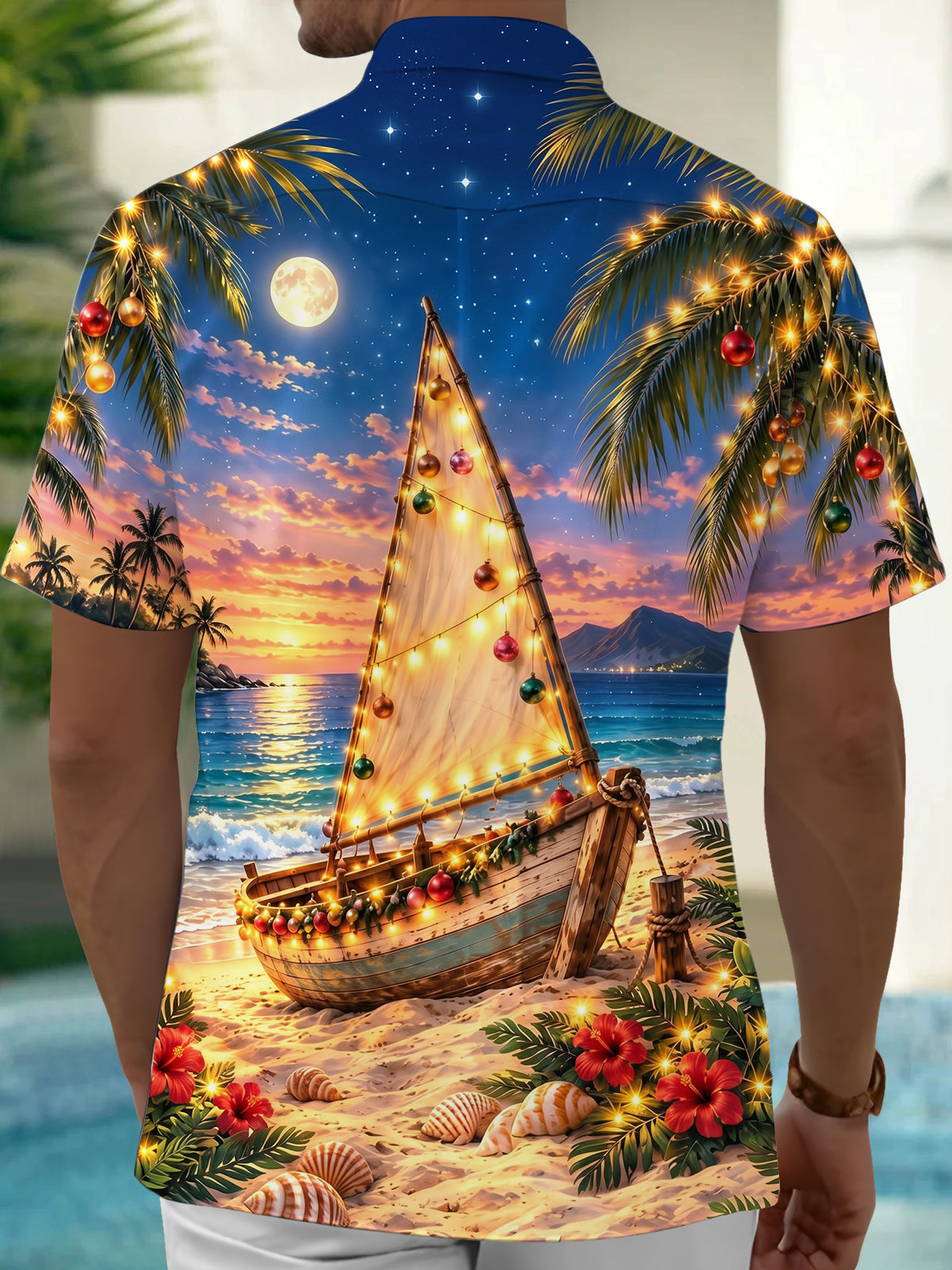 Oceanlyte Men's Short Sleeve Shirt - Christmas Sailboat And Ornaments On Beach Print with Chest Pocket