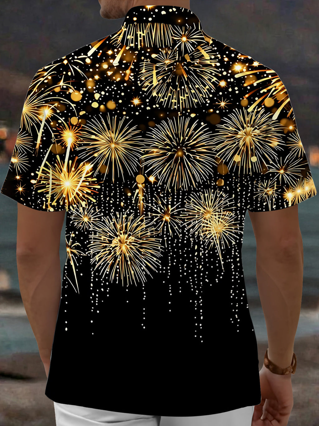 Oceanlyte Men's Hawaiian Golden Fireworks Print Short Sleeve Shirt with Chest Pocket