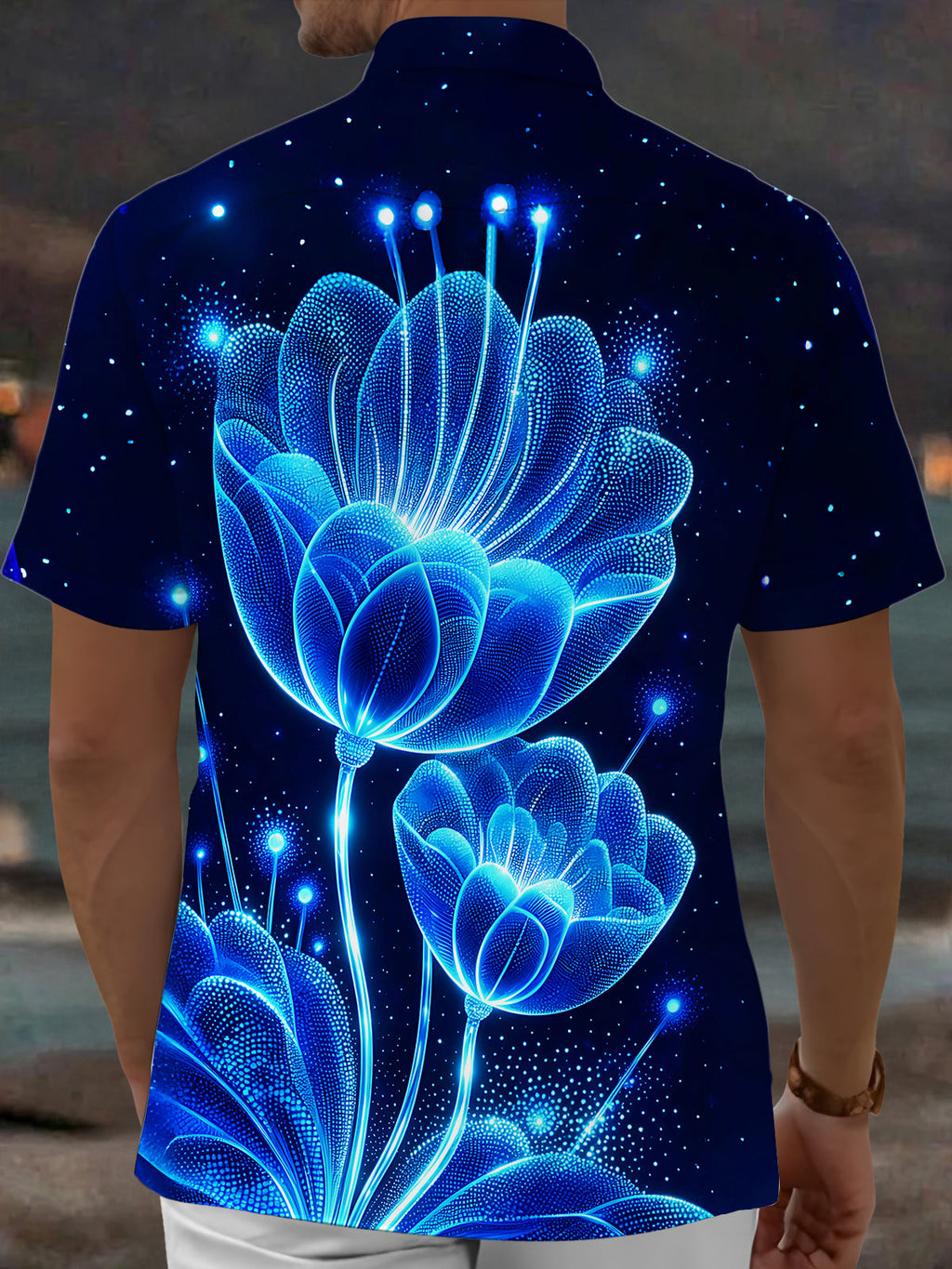 Oceanlyte Men's Printed Glowing Blue Lotus Print Short Sleeve Shirt with Chest Pocket