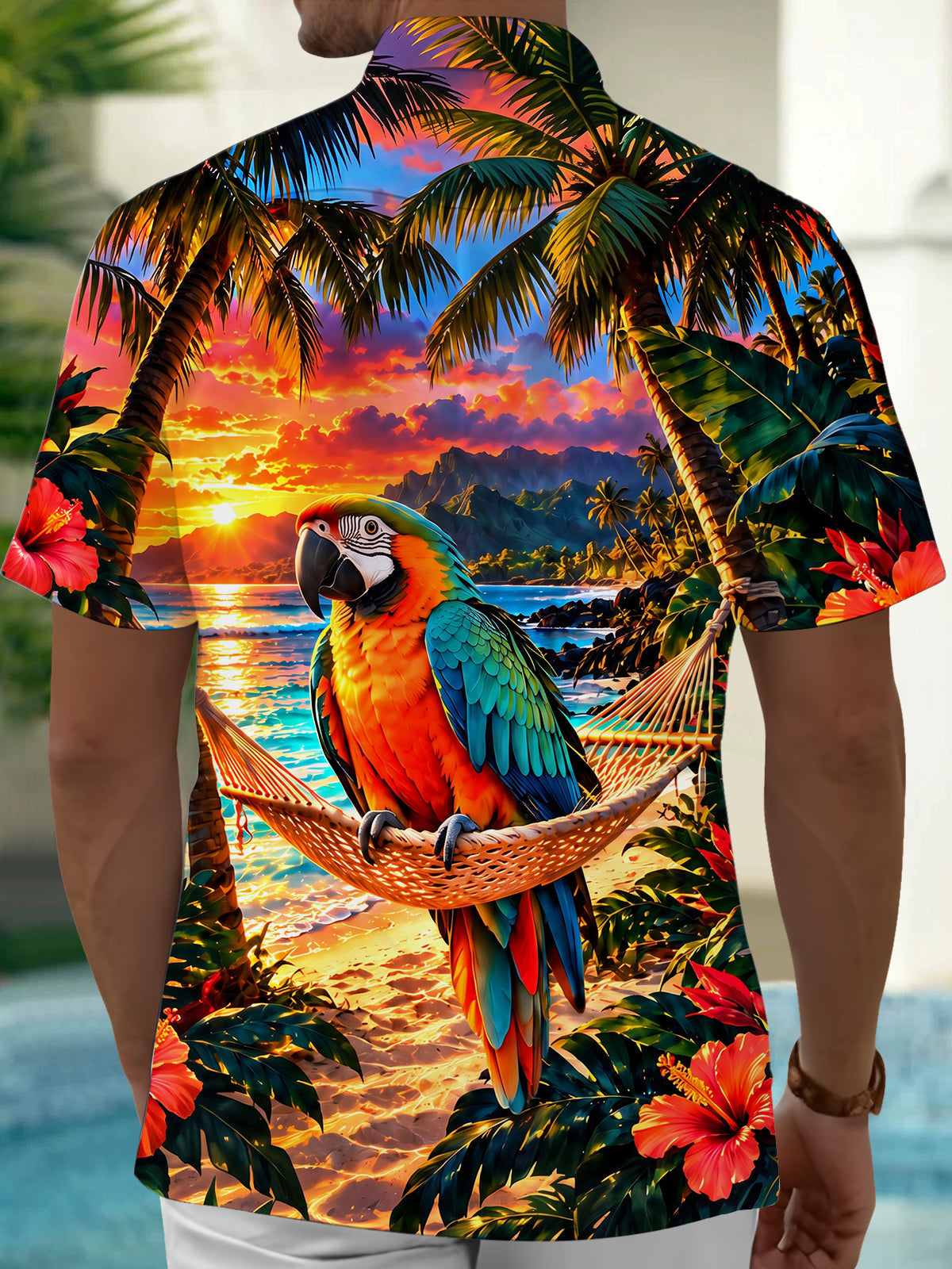 Oceanlyte Men's Hawaiian Parrot On Hammock Print Short Sleeve Shirt with Chest Pocket
