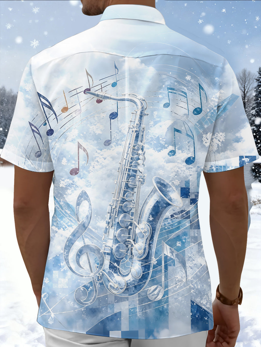 Oceanlyte Men's Printed Saxophone Print Musical Notes Print Short Sleeve Shirt with Chest Pocket