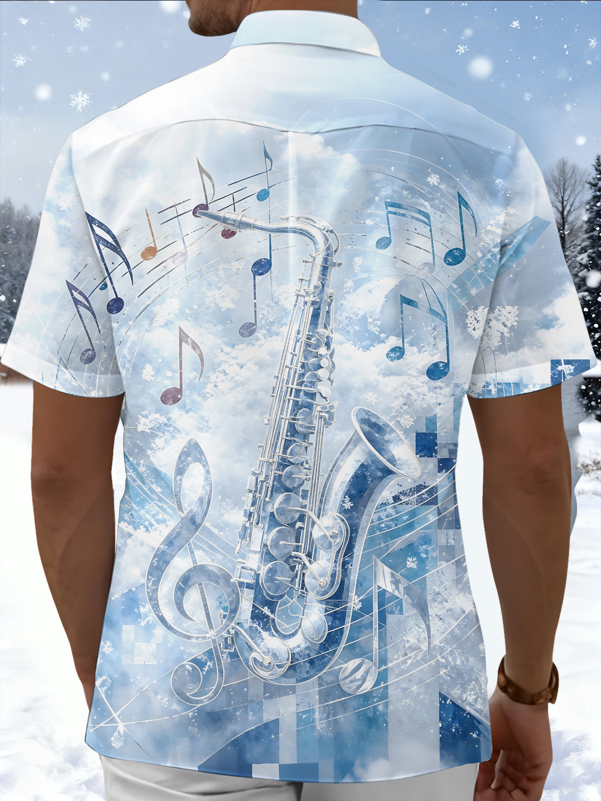 Oceanlyte Men's Printed Saxophone Print Musical Notes Print Short Sleeve Shirt with Chest Pocket