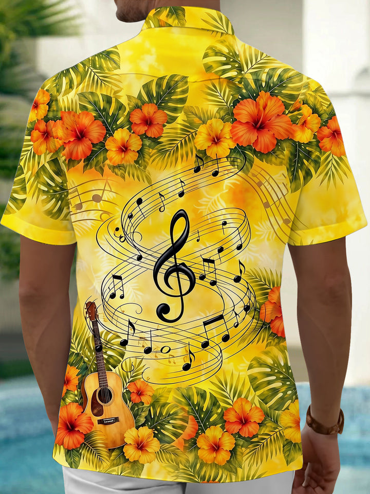 Oceanlyte Men's Musical Notes And Guitar Print Short Sleeve Shirt with Chest Pocket
