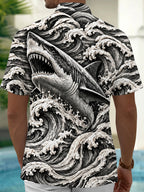 Oceanlyte Men's Hawaiian Shark And Ocean Waves Print Short Sleeve Shirt with Chest Pocket