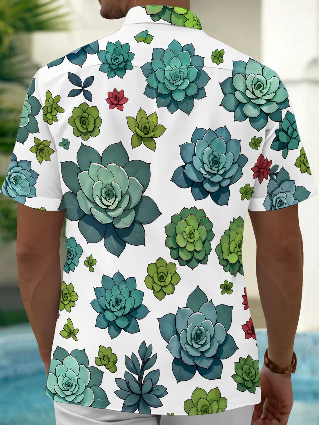 Oceanlyte Men's Hawaiian Succulent Plants Print Short Sleeve Shirt with Chest Pocket