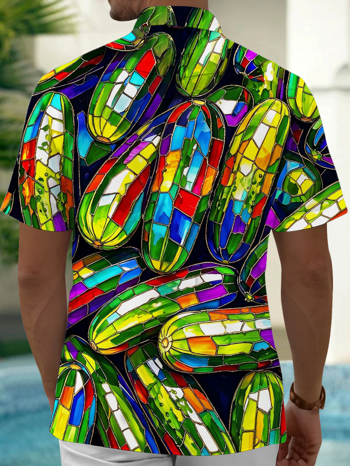 Oceanlyte Men's Hawaiian Stained Glass Cucumber Pattern Short Sleeve Shirt with Chest Pocket