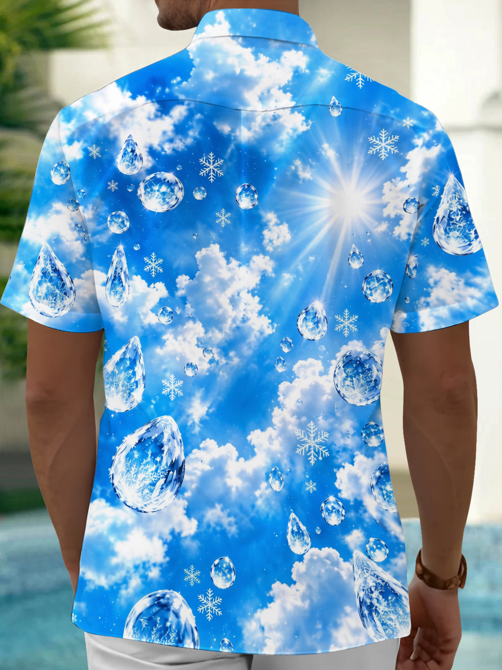 Oceanlyte Men's Hawaiian Ice Crystals Print Snowflakes Print Short Sleeve Shirt with Chest Pocket