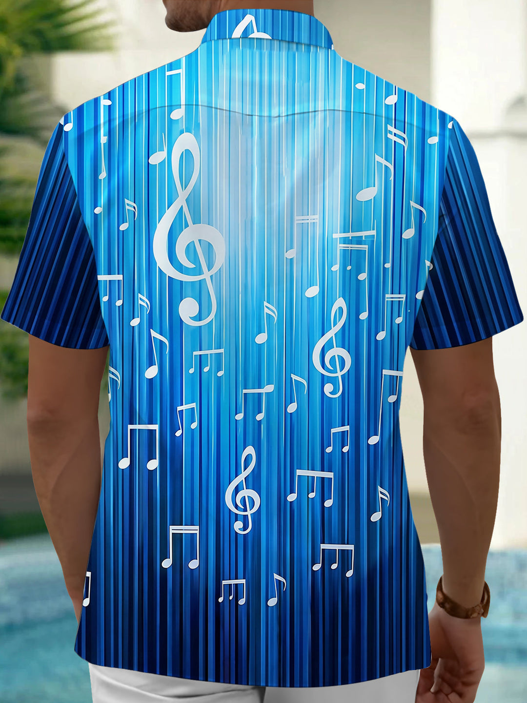 Oceanlyte Men's Striped Musical Notes Print Treble Clef Print Short Sleeve Shirt with Chest Pocket