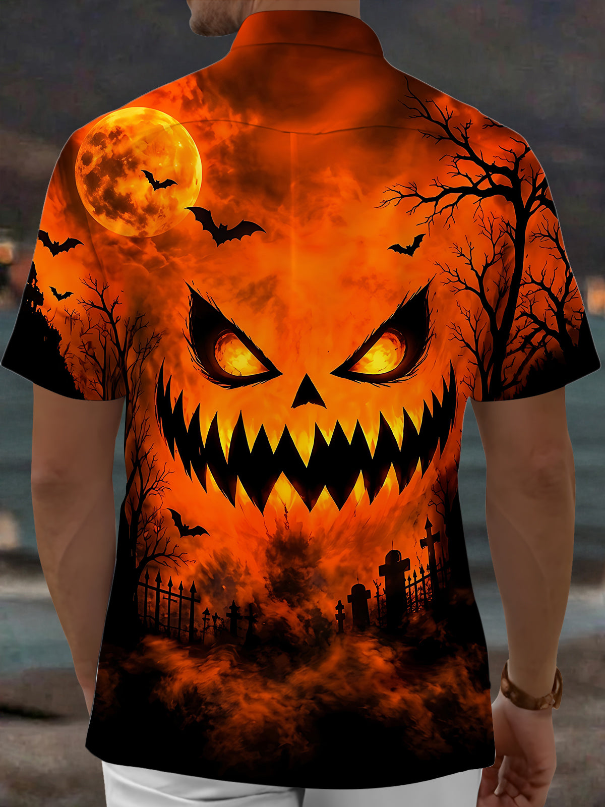 Oceanlyte Men's Short Sleeve Shirt - Halloween Scary Pumpkin Face With Bats And Full Moon Print with Chest Pocket