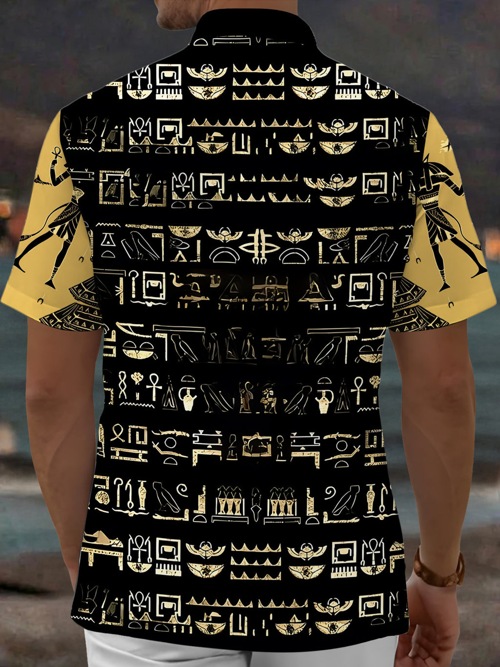 Oceanlyte Men's Vintage Style Egyptian Hieroglyphs Print Short Sleeve Shirt with Chest Pocket