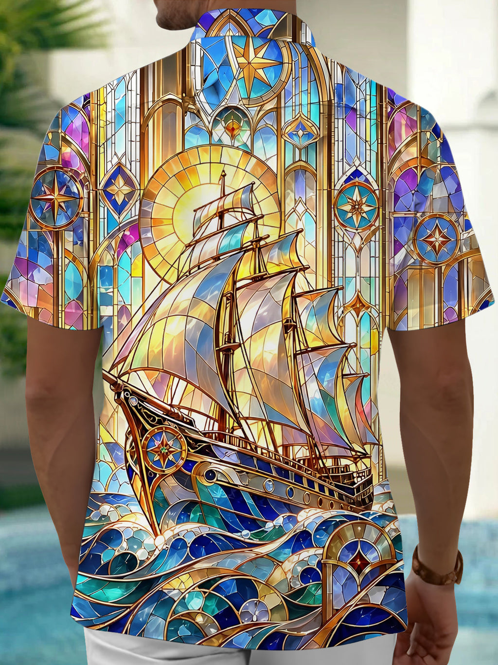 Oceanlyte Men's Printed Stained Glass Sailing Ship Print Short Sleeve Shirt with Chest Pocket