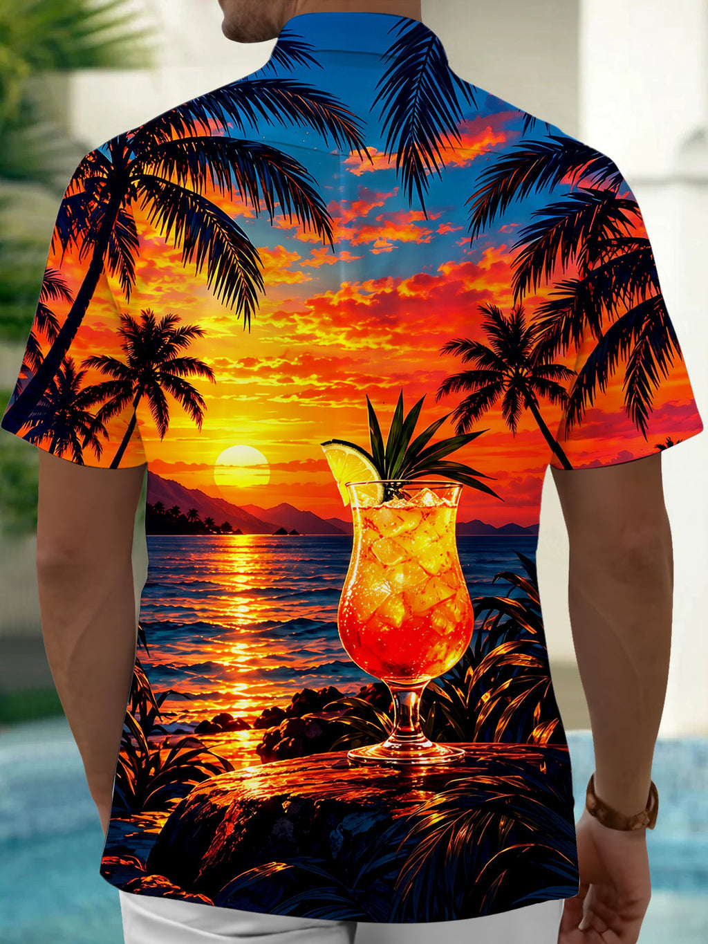 Oceanlyte Men's Short Sleeve Shirt - Tropical Sunset With Cocktail And Palm Trees Print with Chest Pocket