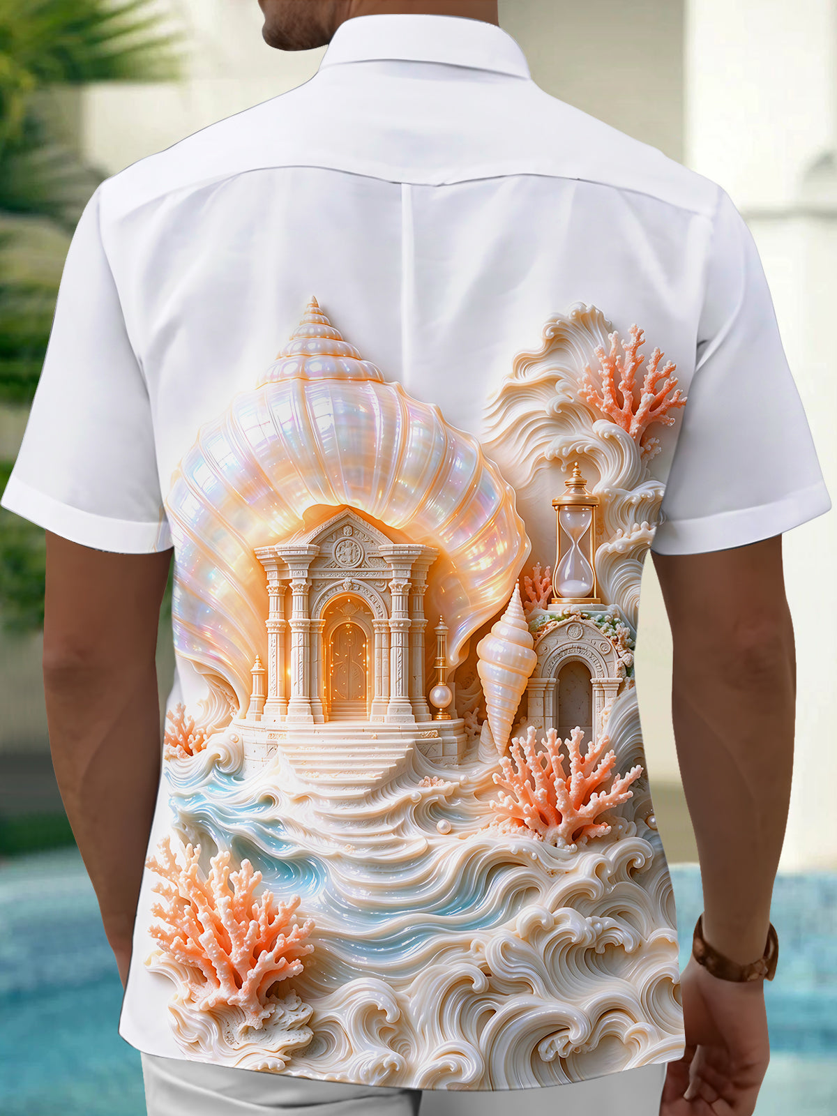 Oceanlyte Men's 3D Relief Seashell Undersea Temple Print Short Sleeve Shirt with Chest Pocket