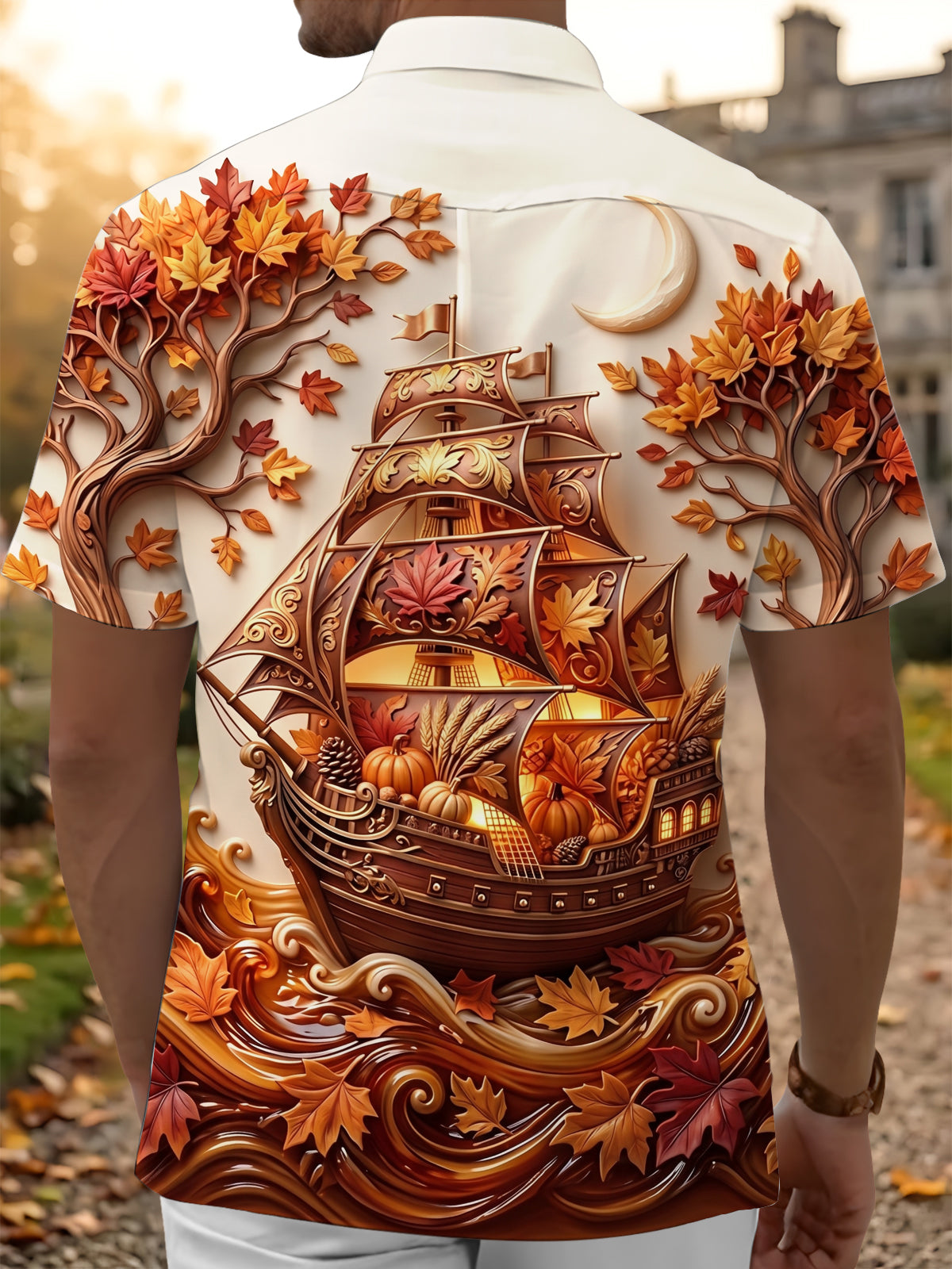 Oceanlyte Men's Graphic Autumn Sailing Ship Print Short Sleeve Shirt with Chest Pocket