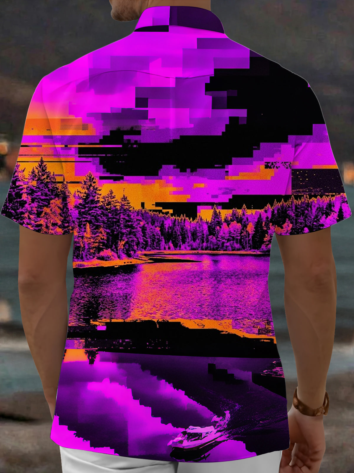 Oceanlyte Men's Retro Pixelated Forest Lake Scenery Print Short Sleeve Shirt with Chest Pocket