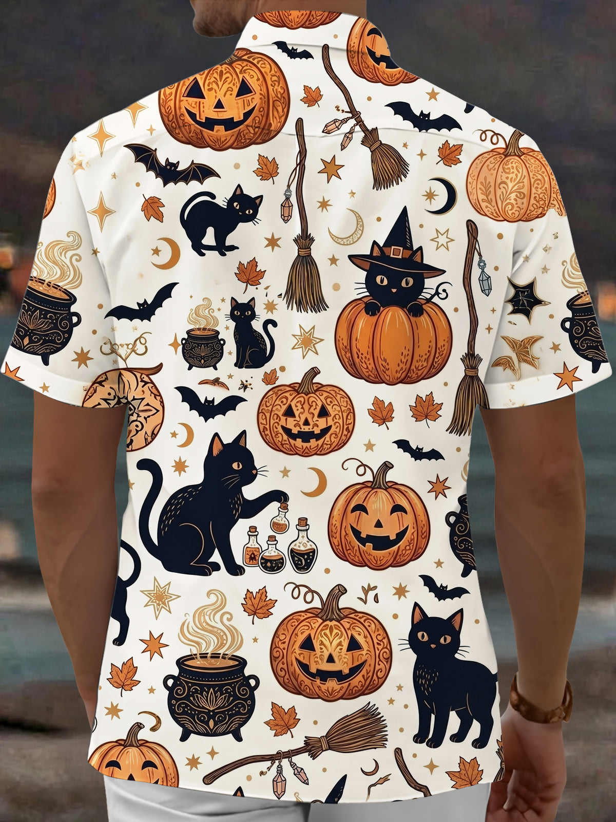 Oceanlyte Men's Halloween Black Cats And Pumpkins Print Short Sleeve Shirt with Chest Pocket