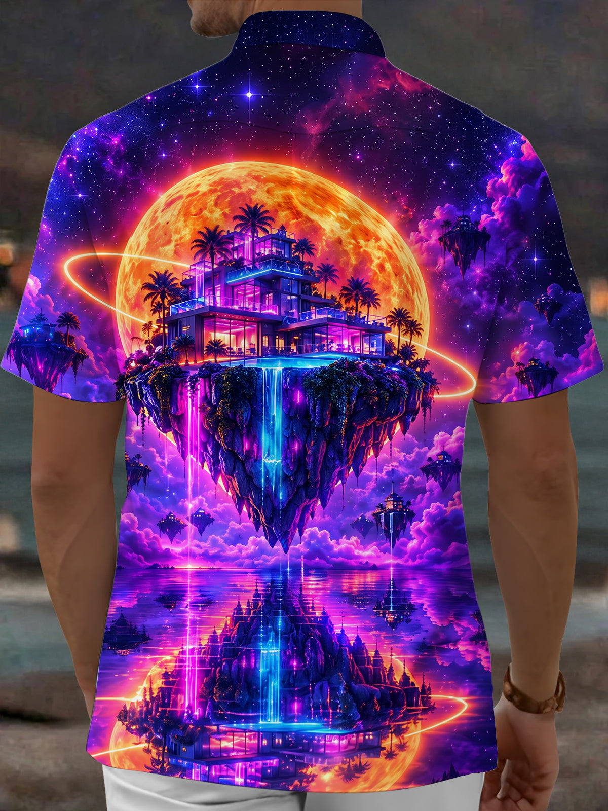 Oceanlyte Men's Short Sleeve Shirt - Floating Island With Modern Villa And Palm Trees Print with Chest Pocket