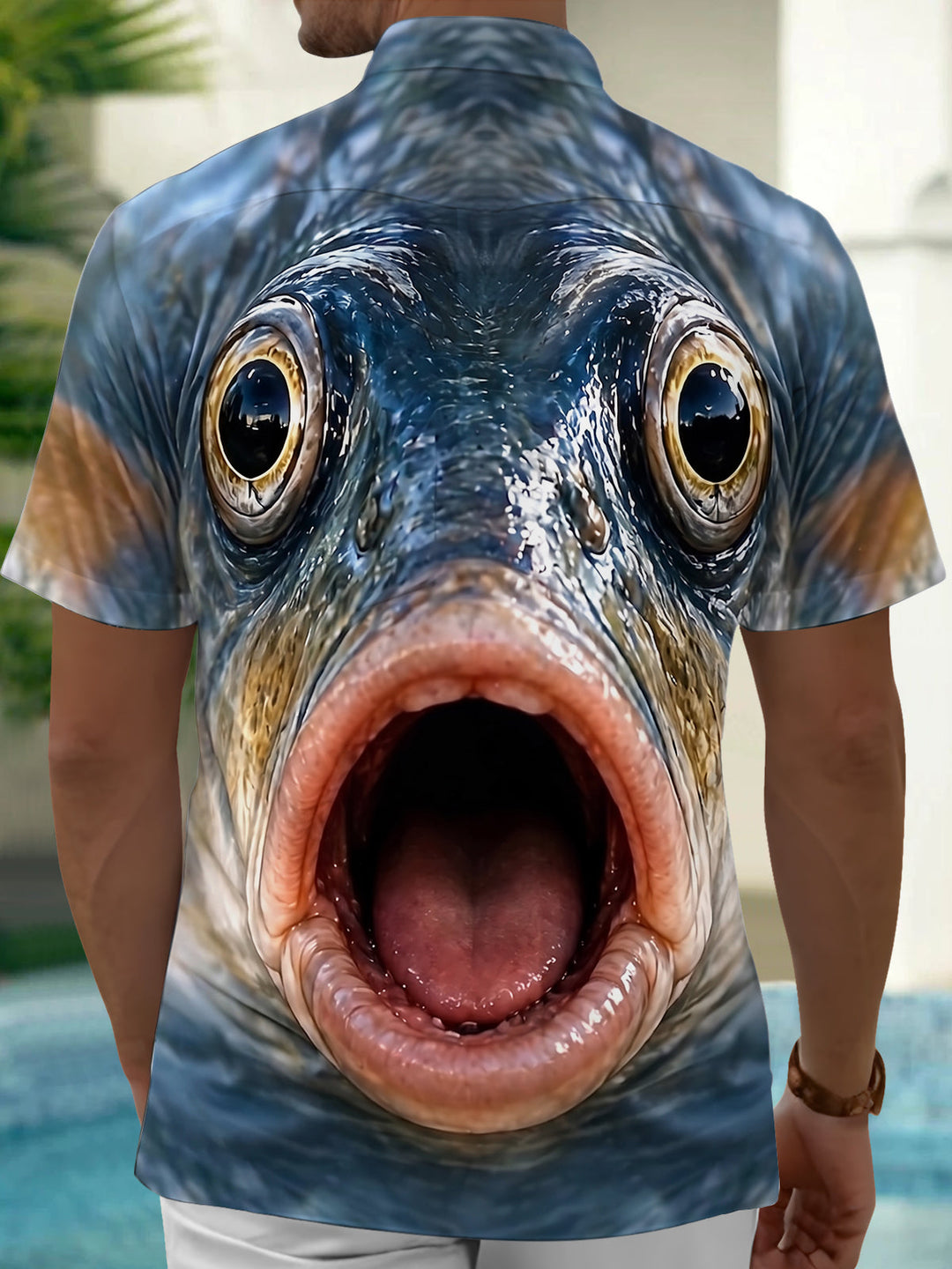 Funny Fish Head Print Men's Pocket Short Sleeve Shirts