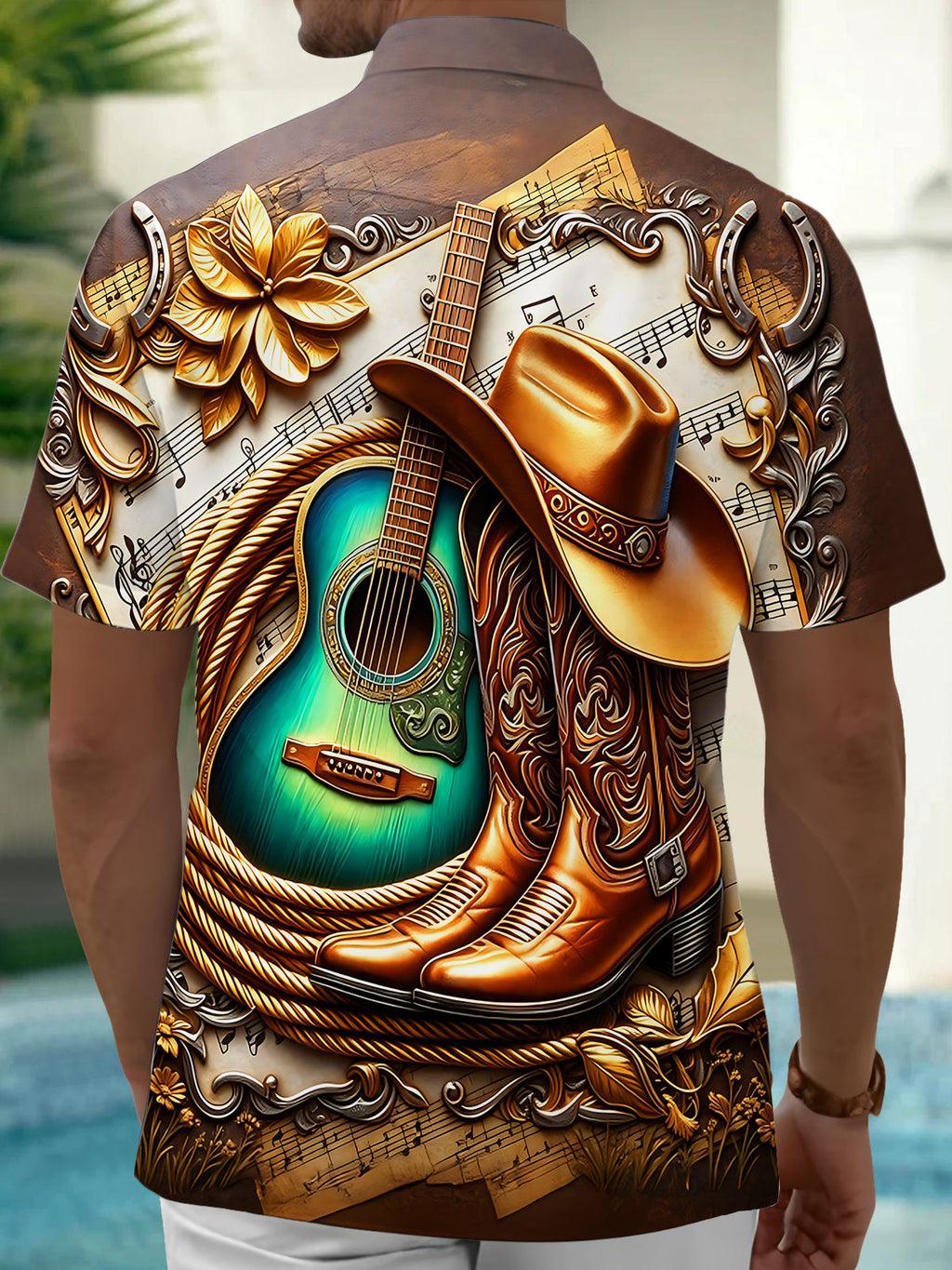 Oceanlyte Men's Vintage Style Western Guitar Print Short Sleeve Shirt with Chest Pocket