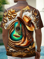 Oceanlyte Men's Vintage Style Western Guitar Print Short Sleeve Shirt with Chest Pocket