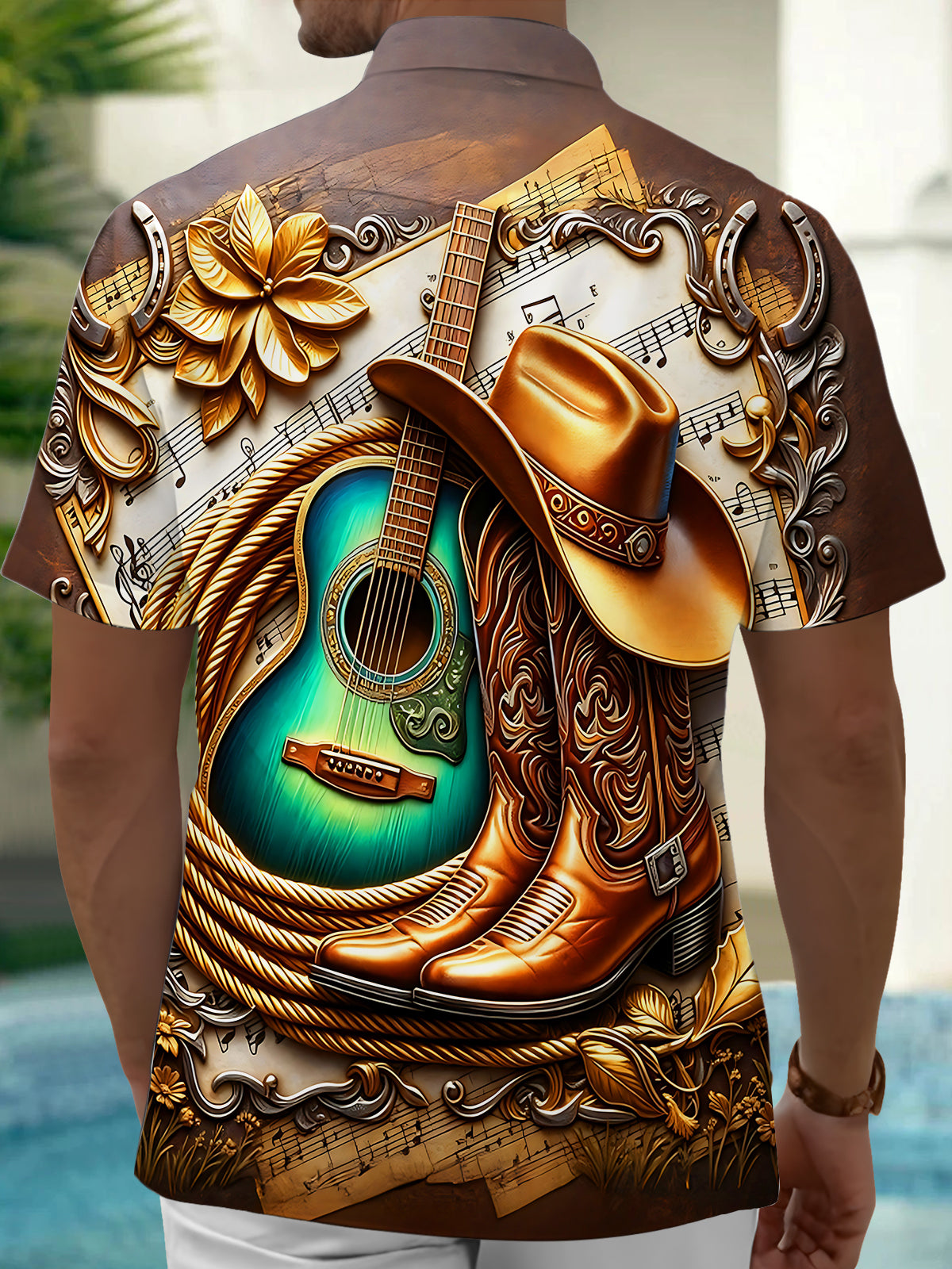 Oceanlyte Men's Vintage Style Western Guitar Print Short Sleeve Shirt with Chest Pocket