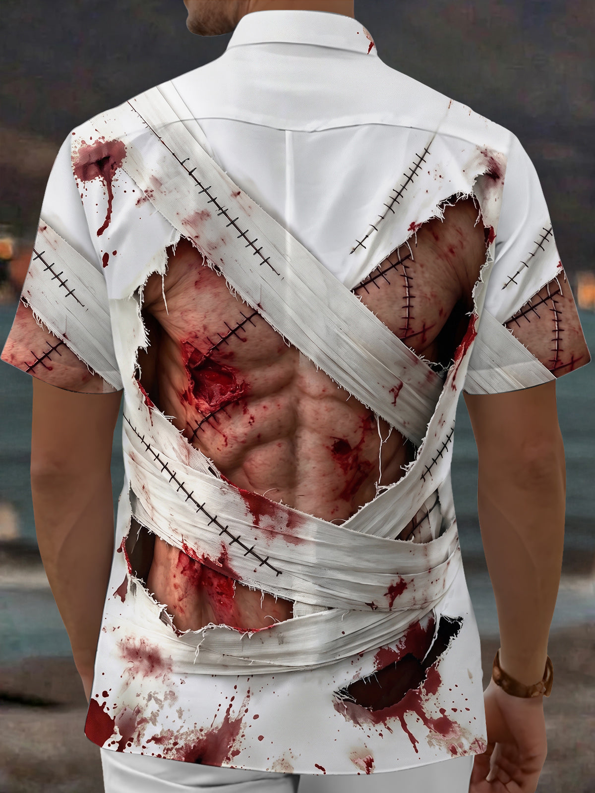 Oceanlyte Men's Short Sleeve Shirt - Halloween Zombie Bandage And Blood Splatter Print with Chest Pocket