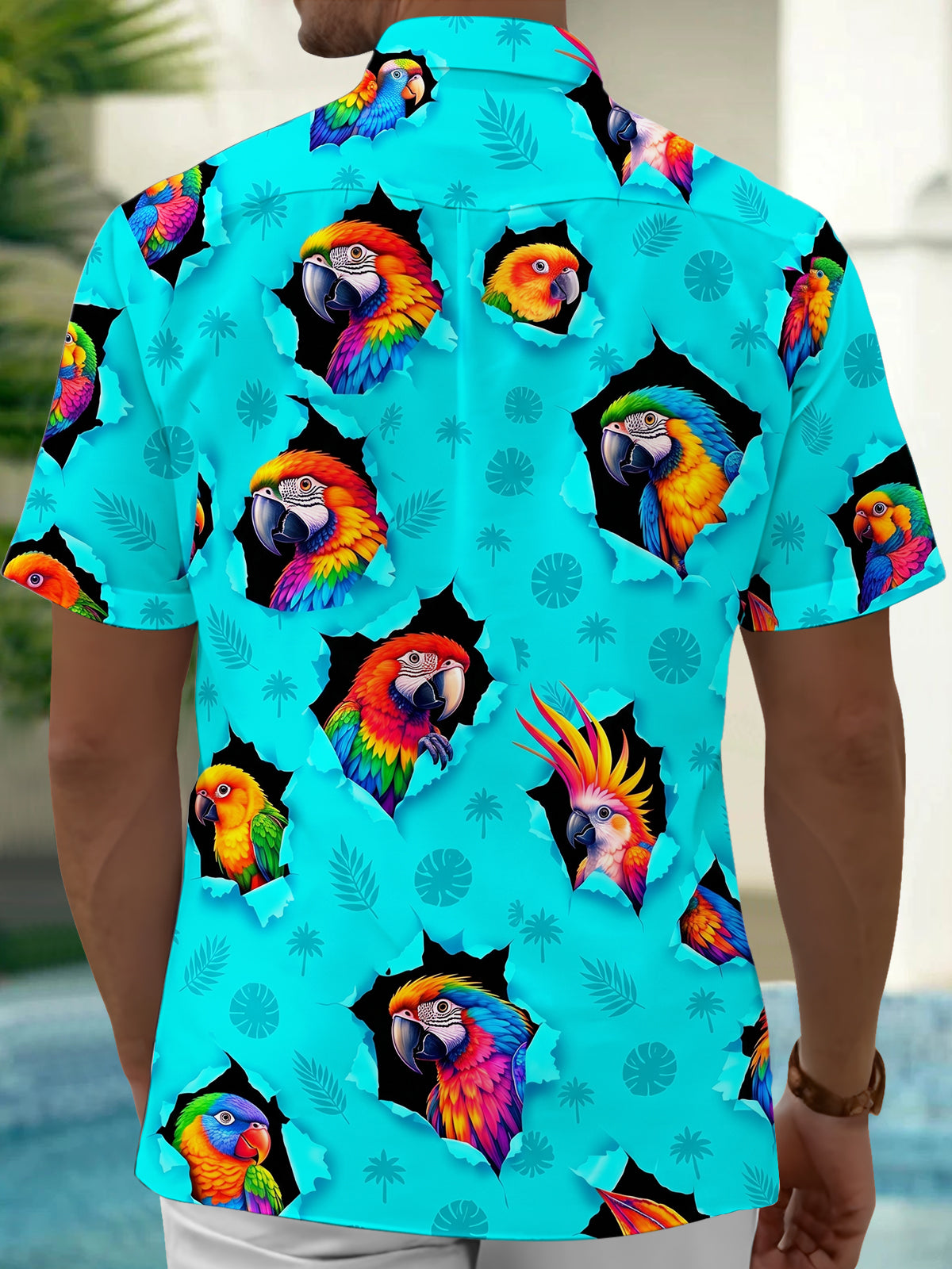 Oceanlyte Men's Colorful Parrots And Tropical Leaves Print Short Sleeve Shirt with Chest Pocket