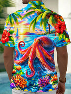 Oceanlyte Men's Hawaiian Octopus And Coral Reef Print Short Sleeve Shirt with Chest Pocket