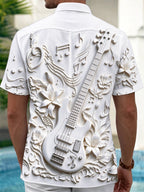 Oceanlyte Men's Short Sleeve Shirt - 3D Relief Bass Guitar And Floral Music Notes Print with Chest Pocket