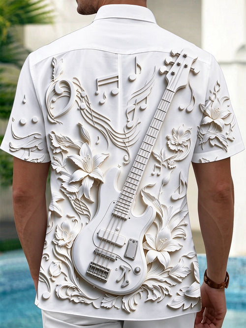 Oceanlyte Men's Short Sleeve Shirt - 3D Relief Bass Guitar And Floral Music Notes Print with Chest Pocket