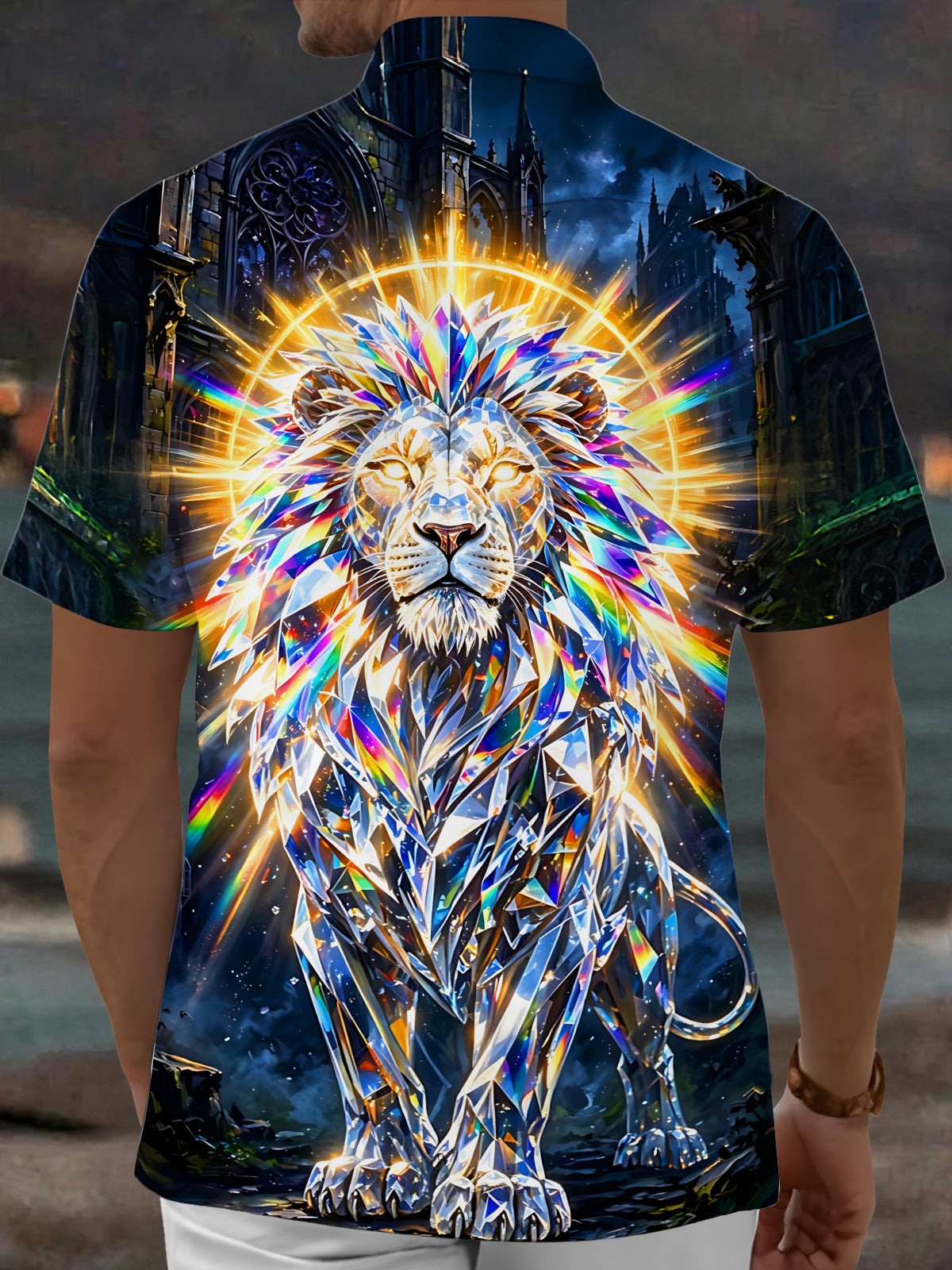 Oceanlyte Men's Graphic Crystal Lion Print Short Sleeve Shirt with Chest Pocket