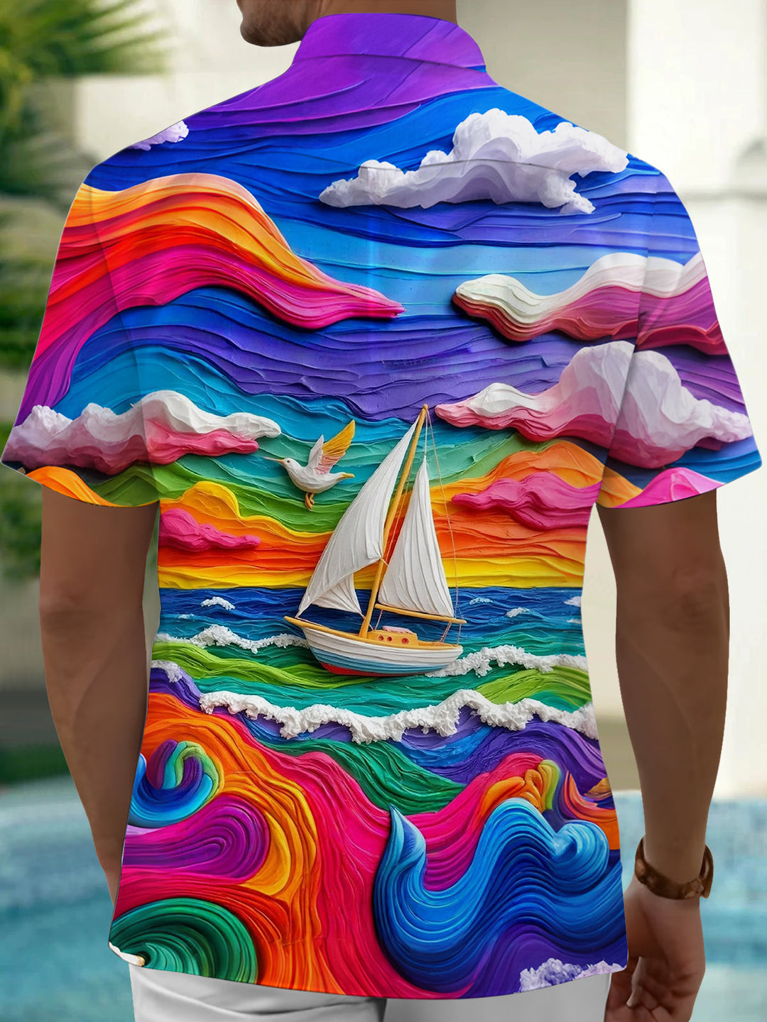 Oceanlyte Men's Graphic Rainbow Ocean Waves Print Short Sleeve Shirt with Chest Pocket