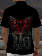 Oceanlyte Men's Graphic Gothic Moth And Cross Print Short Sleeve Shirt with Chest Pocket
