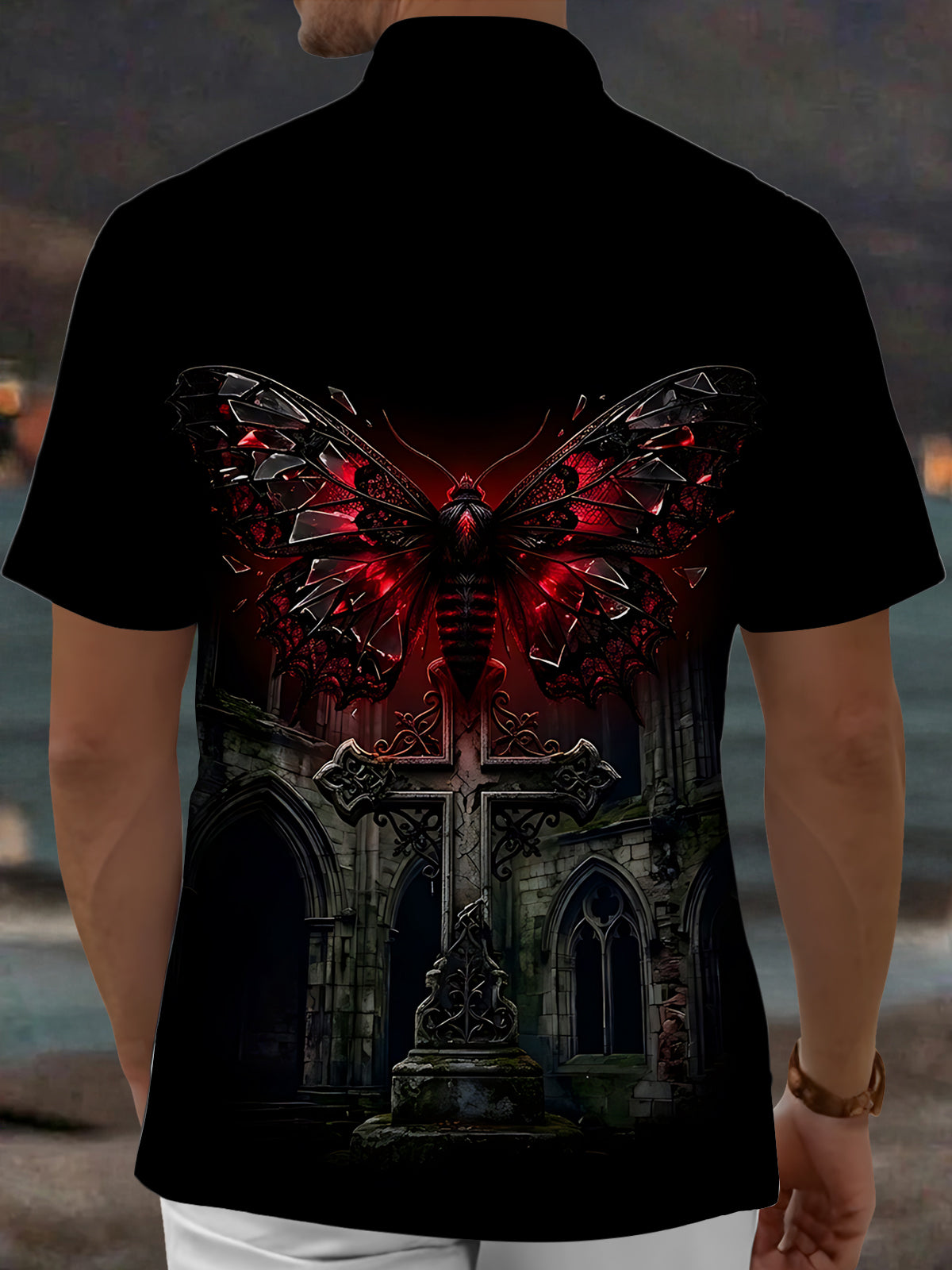 Oceanlyte Men's Graphic Gothic Moth And Cross Print Short Sleeve Shirt with Chest Pocket