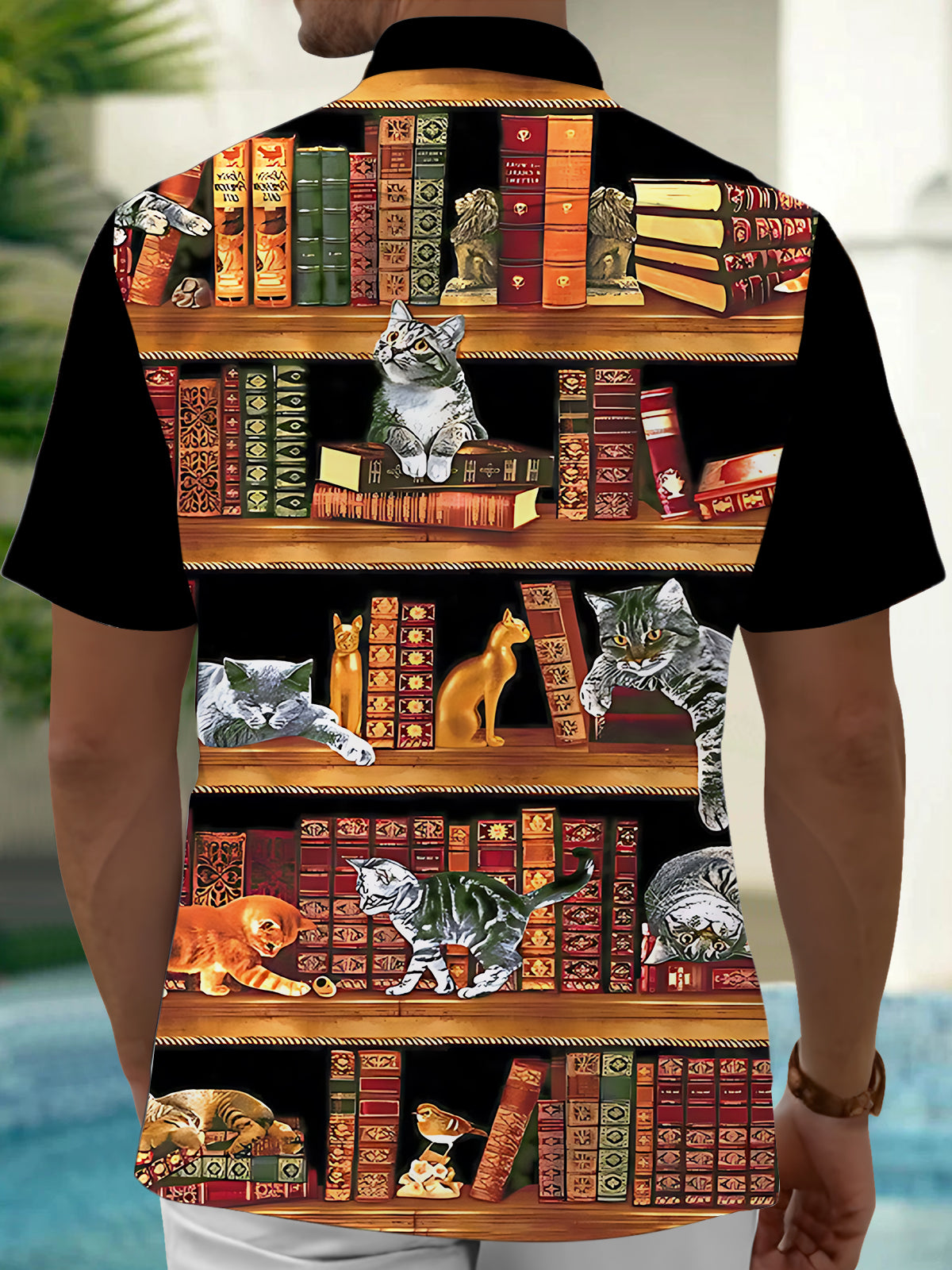 Oceanlyte Men's Graphic Cats On Bookshelves Print Short Sleeve Shirt with Chest Pocket