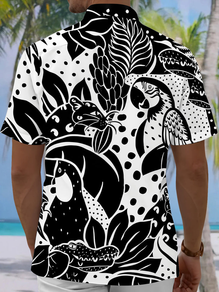 Oceanlyte Men's Black And White Animal Print Short Sleeve Shirt with Chest Pocket