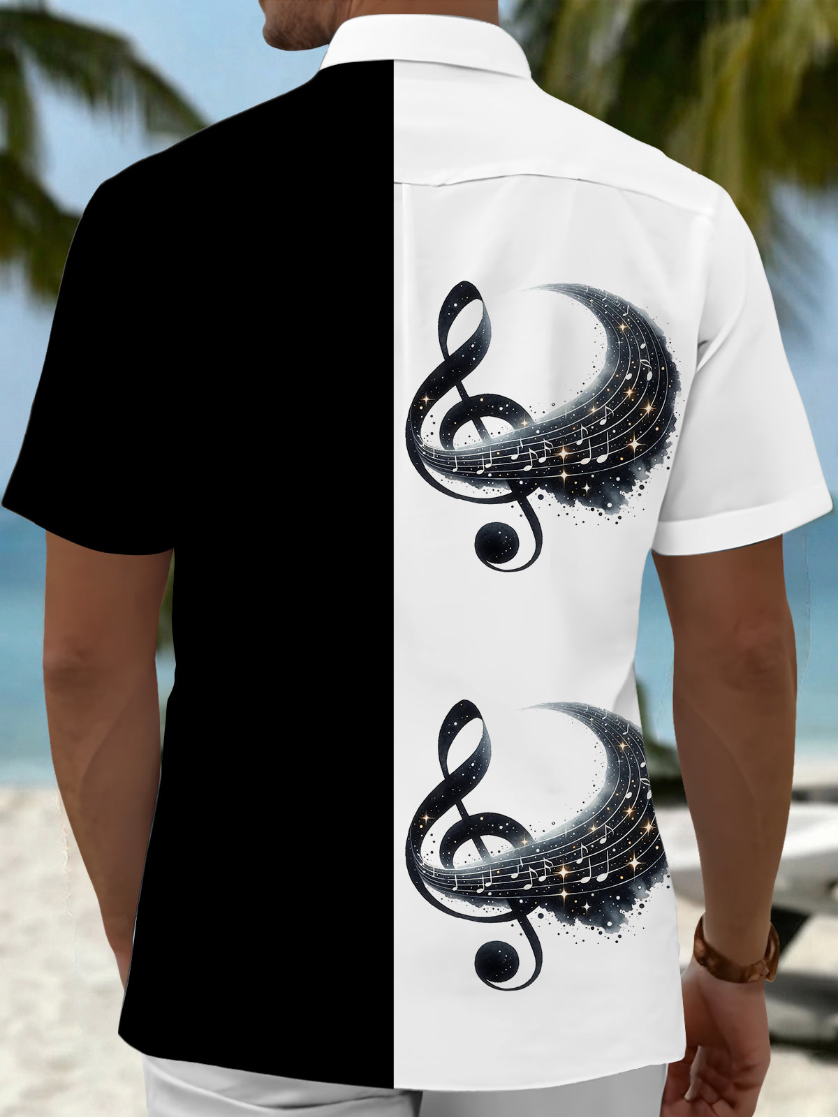 Oceanlyte Men's Graphic Musical Notes Print Treble Clef Print Short Sleeve Shirt with Chest Pocket