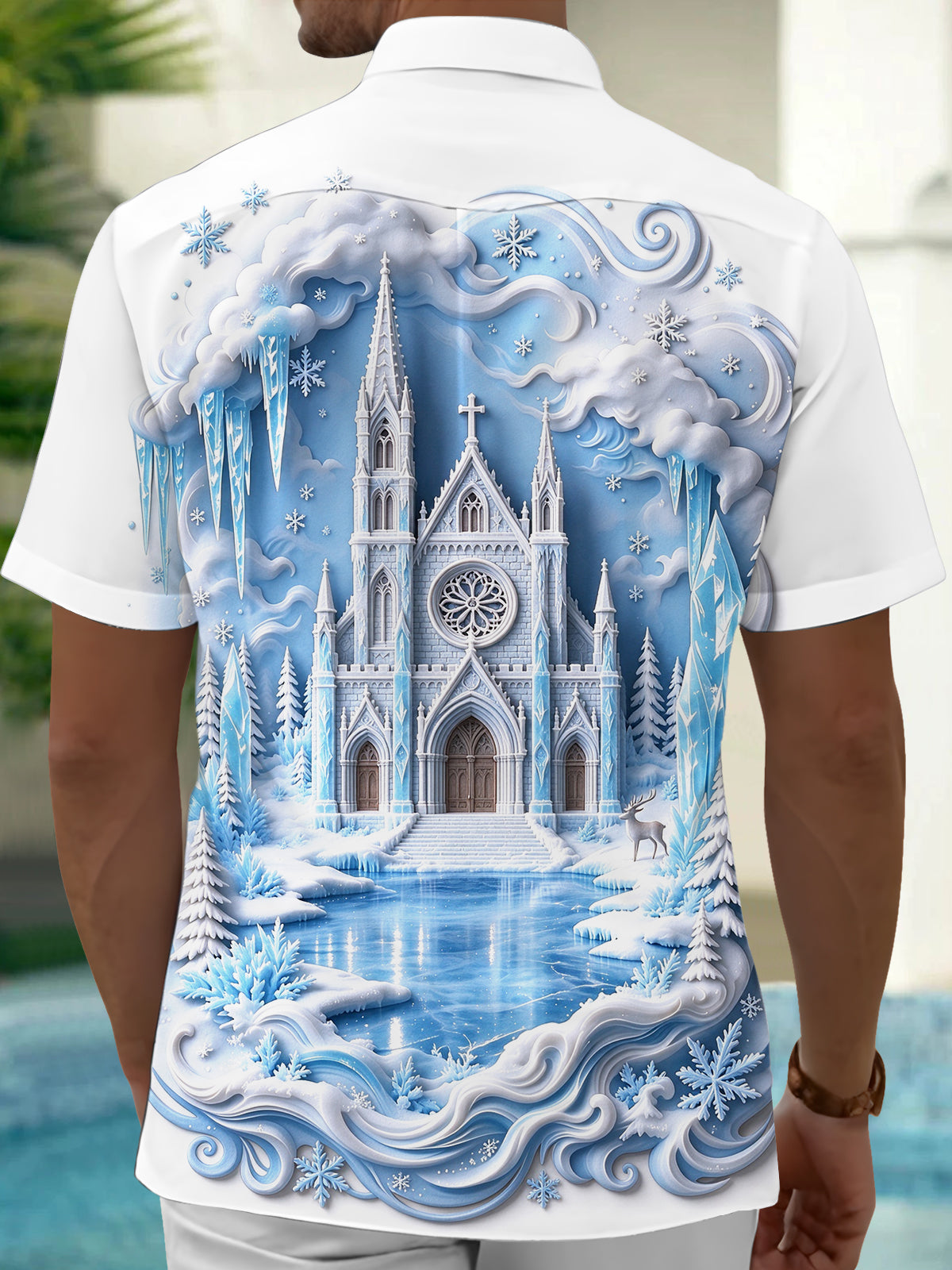 Oceanlyte Men's Graphic Ice Castle And Winter Landscape Print Short Sleeve Shirt with Chest Pocket