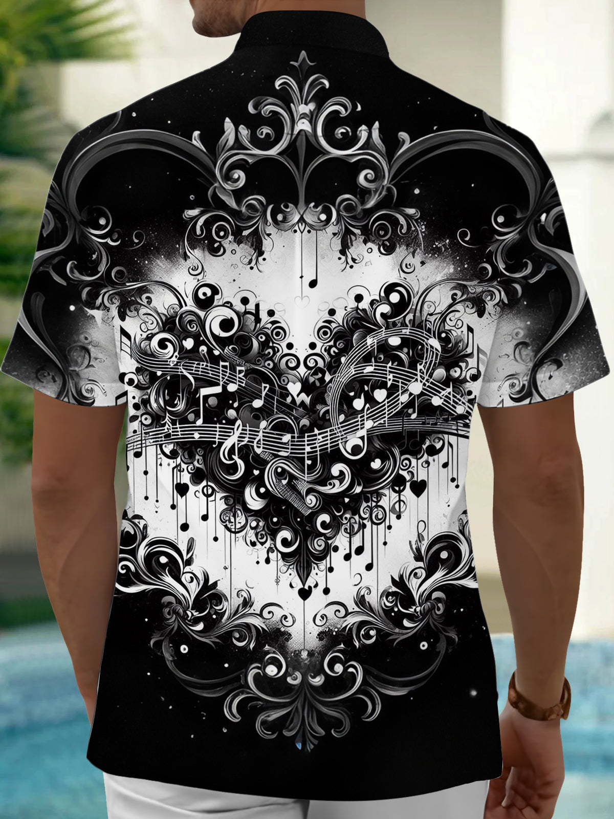 Oceanlyte Men's Graphic Music Notes Print Heart Swirls Print Short Sleeve Shirt with Chest Pocket