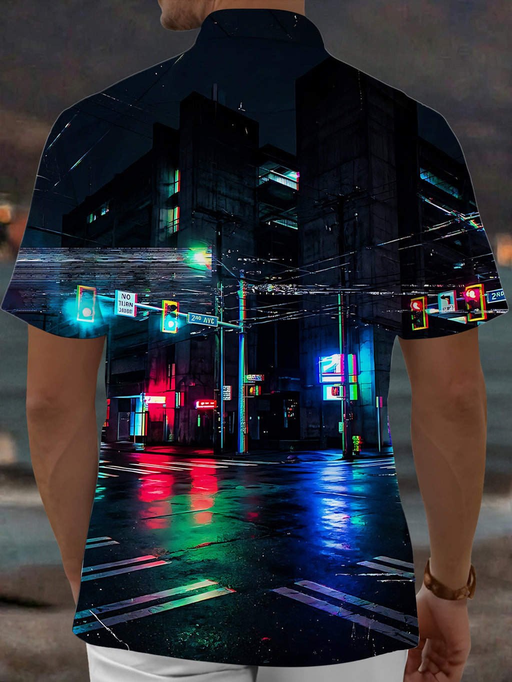 Oceanlyte Men's Printed Neon City Street Night Scene Print Short Sleeve Shirt with Chest Pocket