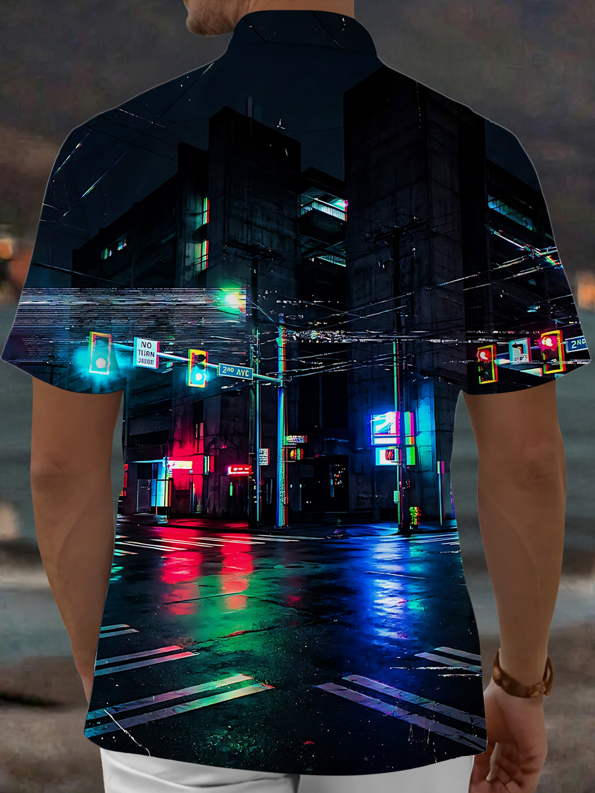 Oceanlyte Men's Printed Neon City Street Night Scene Print Short Sleeve Shirt with Chest Pocket